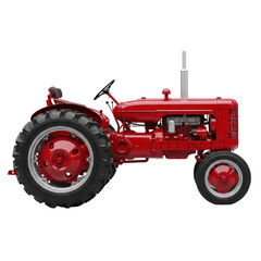 A vibrant red vintage farm tractor, viewed from the side, showcases classic agricultural machinery. Perfect for themes of farming, history, and rural life.