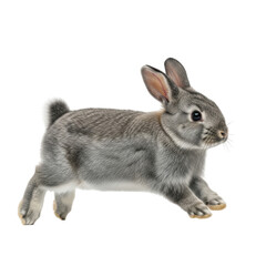 Obraz premium A cute grey rabbit is captured mid hop, showcasing its playful and energetic nature. This furry animal is ideal for themes related to pets, spring, or wildlife.