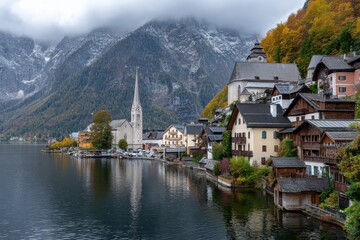 Picturesque european lakeside village nestled against majestic mountains under a moody autumn sky