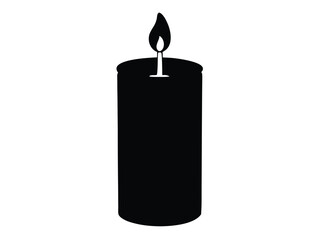 A solitary black candle burns brightly against a stark white background