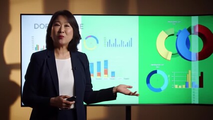 An expert Asian businesswoman delivering a compelling presentation, showcasing data analysis with colorful charts and graphs on a large digital screen. - Powered by Adobe