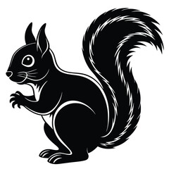 A black squirrel illustration with a bushy tail standing on its hind legs