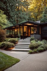 Modern black house surrounded by lush greenery in a serene forest setting during golden hour showcases inviting architecture and warm ambiance