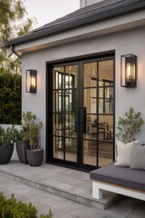 Step into a beautifully designed modern entrance featuring chic black doors, enhanced by inviting warm lighting that highlights a delightful seating area nestled in a tranquil backyard oasis