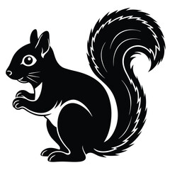 A black squirrel illustration with a bushy tail standing on its hind legs