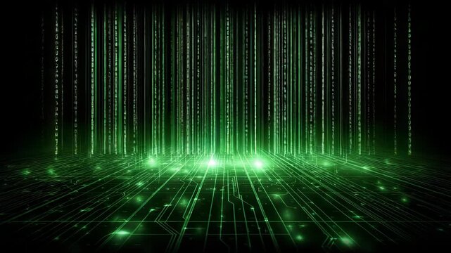 Green digital binary code streams falling on a glowing circuit board surface - Powered by Adobe