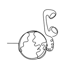 continuous line drawing telephone and earth globe illustration icon
