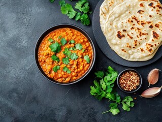 Warm bowl of spiced vegan dhal served with fluffy naan, comforting plantbased meal
