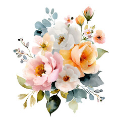 Watercolor bouquet of pastel-colored roses and blossoms