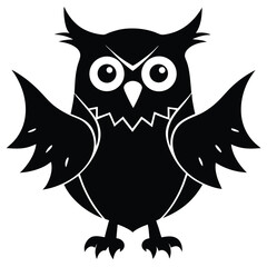 A black owl with an angry expression and outstretched wings facing forward