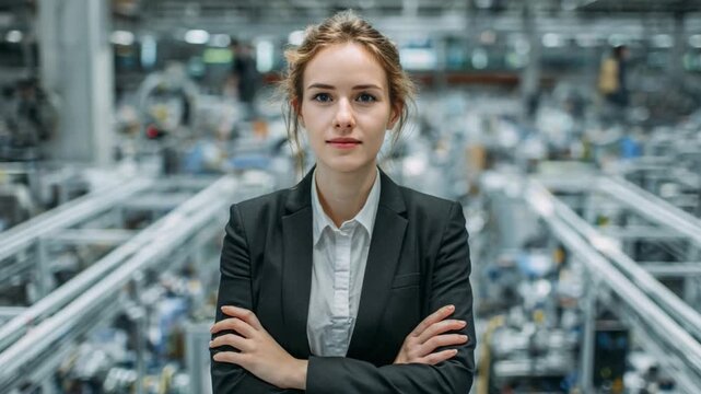 Confident Professional in Industrial Setting: A poised young woman stands confidently in the midst of a bustling industrial setting, her gaze direct, embodying the essence of modern leadership.