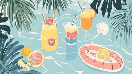 Big summer set with fruits, drinks, pool floats, seashells, and palm leaves. Hand-drawn vector illustration. Scandinavian style flat design