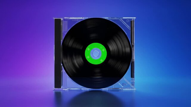 Retro Vinyl Record in a Clear CD Case A Nostalgic Visual for Music Enthusiasts and Collectors on a Vivid Background