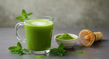 Green matcha latte with mint
