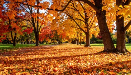 Autumnal park path bathed in sunlight