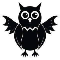 A stylized black owl with wings outstretched and large eyes facing forward