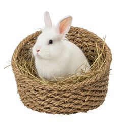 An adorable fluffy white rabbit with pink ears sits comfortably in a rustic woven basket filled with soft hay, perfect for easter or pet related designs.