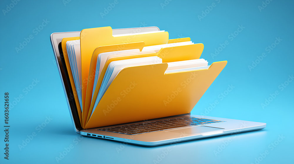 Poster digital file folders emerging from a laptop symbolize efficient data organization and management. st