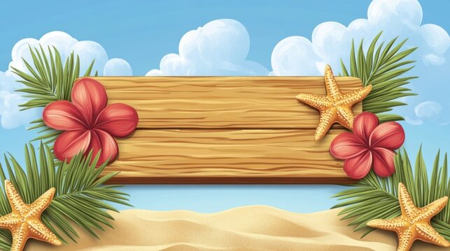 Blank wooden sign with starfish, flower, palm leaf, sand with copy space and summer beach element over cloud and blue sky background vector illustration