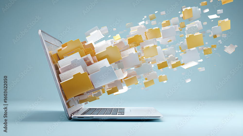 Poster digital file folders emerging from a laptop symbolize efficient data organization and management. st