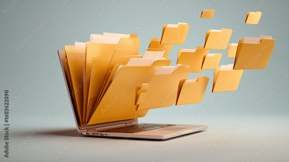 Poster digital file folders emerging from a laptop symbolize efficient data organization and management. st
