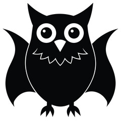 A stylized black owl with batlike wings and large eyes facing forward