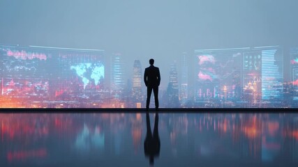 Visionary's Gaze: A silhouette of a figure stands before a glowing global display, contemplating the world map, illustrating foresight and forward-thinking leadership.  - Powered by Adobe