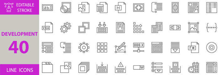 Development icon set. Set of keyboard, list, text, scroll bar, arrow, document, file, image, dise, program, drop down, calendar, bullet, control, warning, cricle, write, address icons.