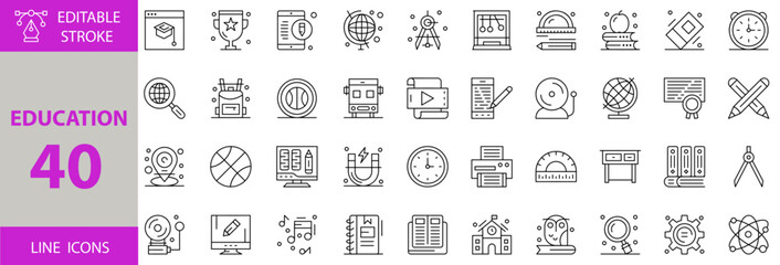 Education icon set. Set of school bus, tennis, bag, clock, eraser, book, newton, compass, globe, mobile, education, alarm, monitor, location, teacher, student, desk, printer, library, pencil icons.