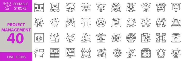 Project Management icon set. Set of search, manager, clock, laptop, tem, rubbish, email, podium, presentation, briefcase, rocket, medal, atom, idea, microphone, server, network, pen icons.