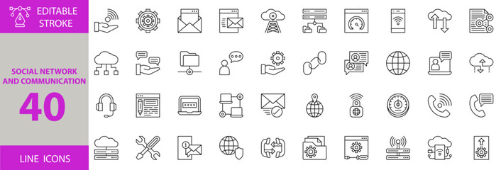 Social Network and Communications icon set. share, cloud, mobile, browser, server, email, wifi, webpage, repiar, headphone, telephone, mobile, padlock, network, laptop, social, customer icons.