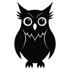 A stylized black owl with large eyes and a stern look facing forward