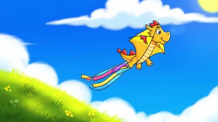 Whimsical Dragon Kite Soars Through a Vibrant Blue Sky Above a Green Hillside on a Sunny Day