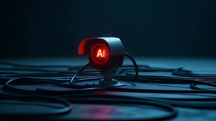 AI Surveillance Camera Illuminated In Red Over Dark Background With Cables - Powered by Adobe