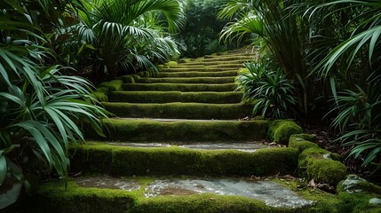Ancient Jungle Steps: Mossy Stone Path in Lush Forest