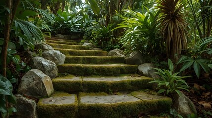 Ancient Jungle Steps: Mossy Stone Path in Lush Forest
