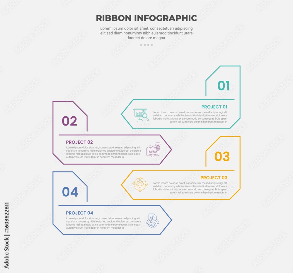 Aufkleber ribbon base shape infographic outline style with 4 point template with creative arrow box opposite d