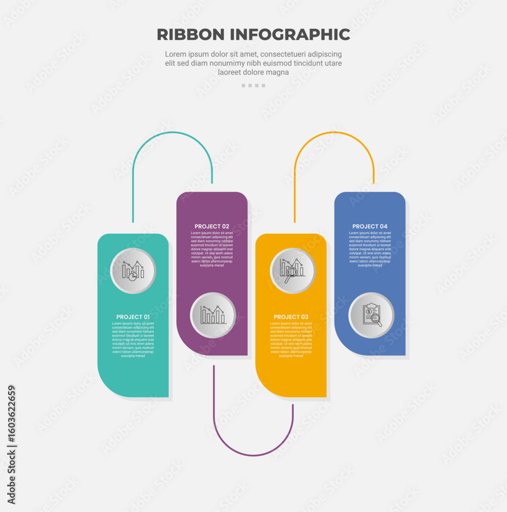 Aufkleber ribbon base shape infographic outline style with 4 point template with flat ribbon box up and down w