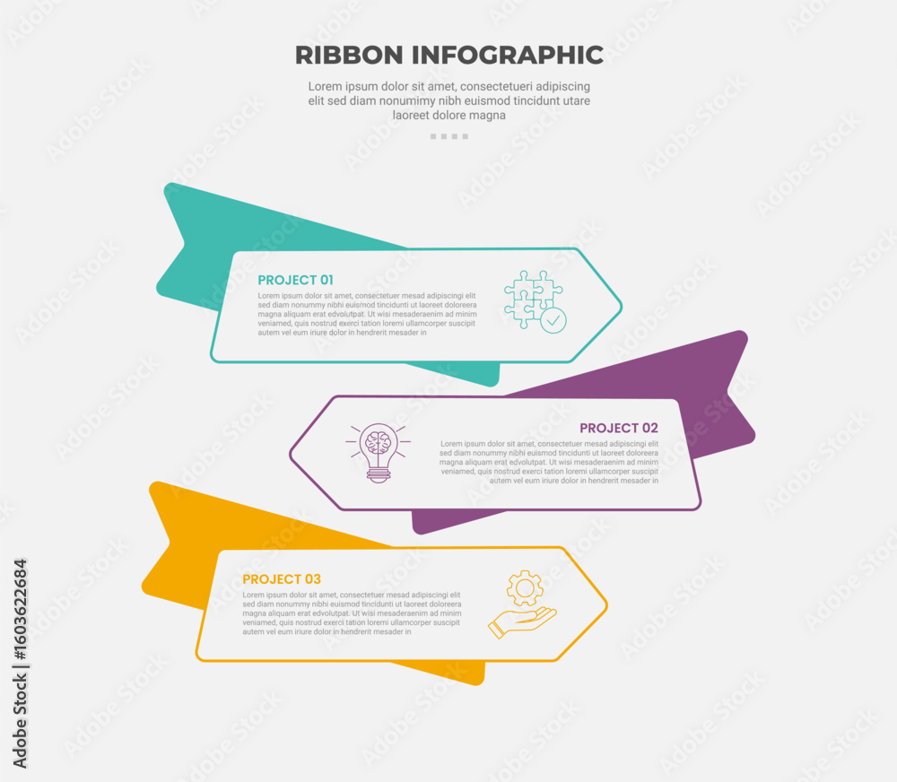 Aufkleber ribbon base shape infographic outline style with 3 point template with flat style with arrow box opp