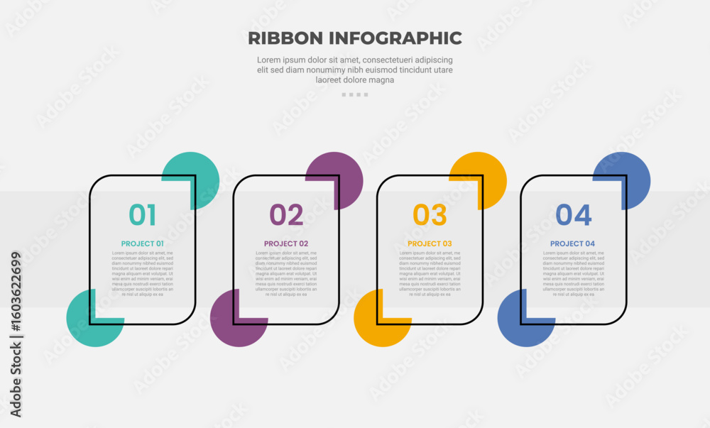 Aufkleber ribbon base shape infographic outline style with 4 point template with creative leaf box with circle