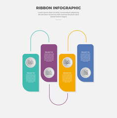 ribbon base shape infographic outline style with 4 point template with flat ribbon box up and down with line connection for slide presentation
