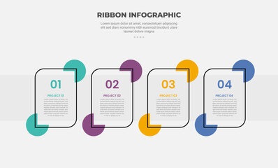ribbon base shape infographic outline style with 4 point template with creative leaf box with circle layer behind on both side for slide presentation