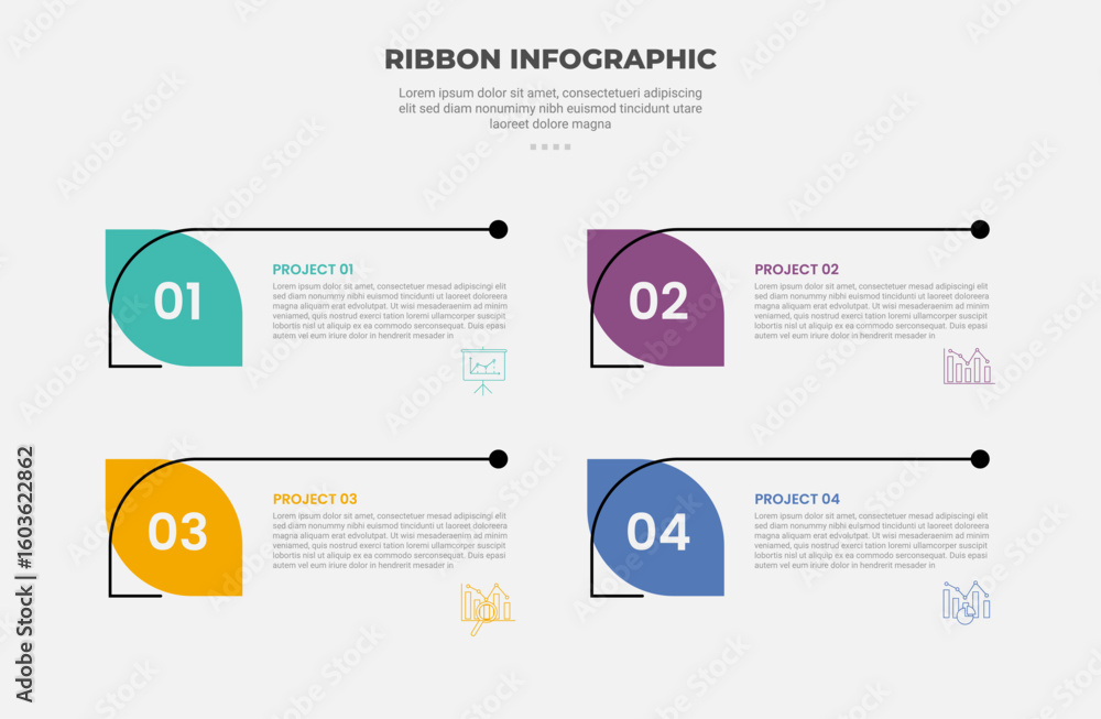 Aufkleber ribbon base shape infographic outline style with 4 point template with open box line divider with le