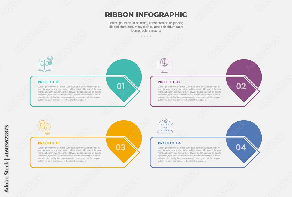 Aufkleber ribbon base shape infographic outline style with 4 point template with arrow box with pin location b