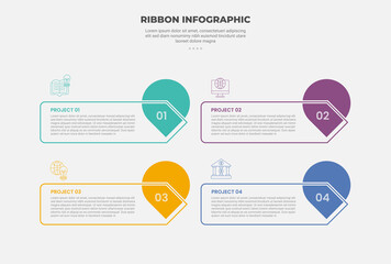 ribbon base shape infographic outline style with 4 point template with arrow box with pin location badge on quadrant structure for slide presentation