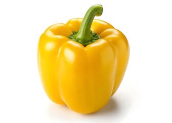 A single yellow bell pepper with a green stem isolated on a white background in a studio shot