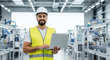 Smiling Engineer Using Laptop in Modern Factory