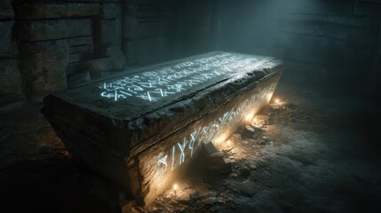 Ancient Tomb with Glowing Runes Sealed in Stone Chambers