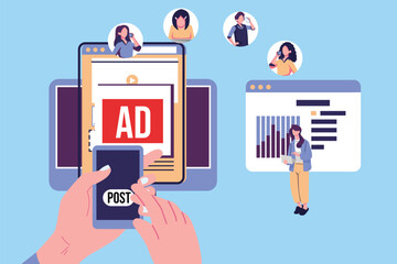 Social media advertising driving traffic to the website flat style illustration