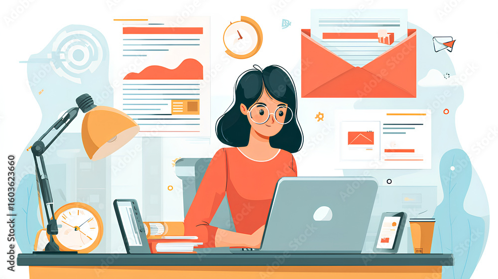 Poster digital marketer using email marketing tools on laptop and smartphone, sending newsletters and analy